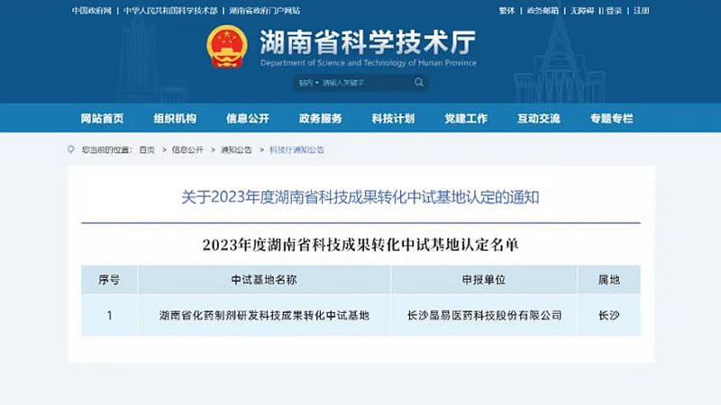 晶易醫(yī)藥獲“湖南省科技成果轉(zhuǎn)化中試基地”認(rèn)定！