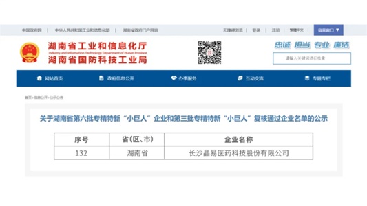 晶易醫(yī)藥成功通過第三批國家級(jí)專精特新“小巨人”復(fù)核